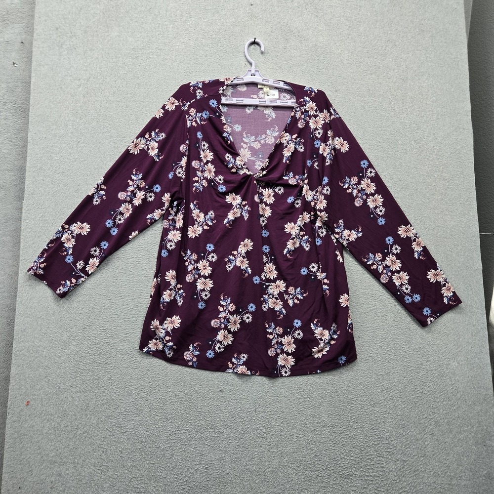 Style & Co Women Blouse 3X Purple Floral Draped Front Ruffle V-Neck Tunic